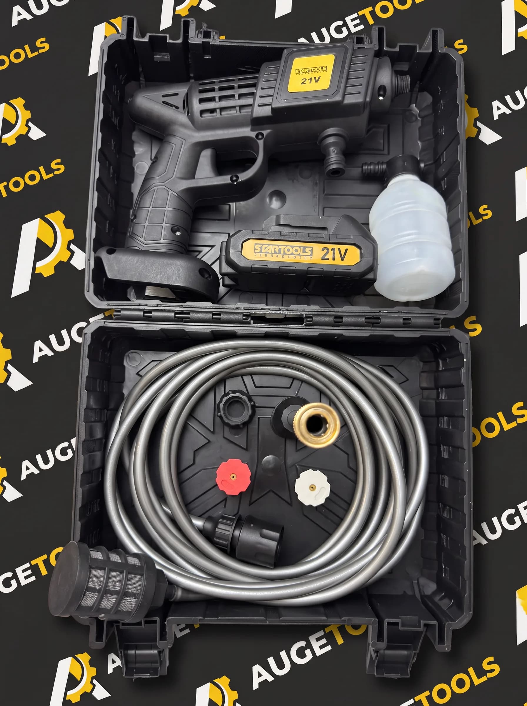 Kit completo da lavadora AugeTools na maleta, com pistola, mangueira, bicos e bateria 21V